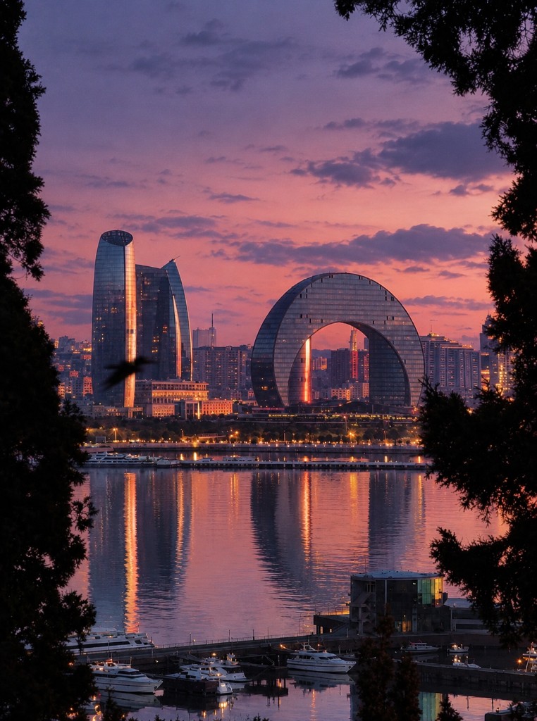 Baku at dusk with the Crescent Hotel and Flame Towers reflected on the water